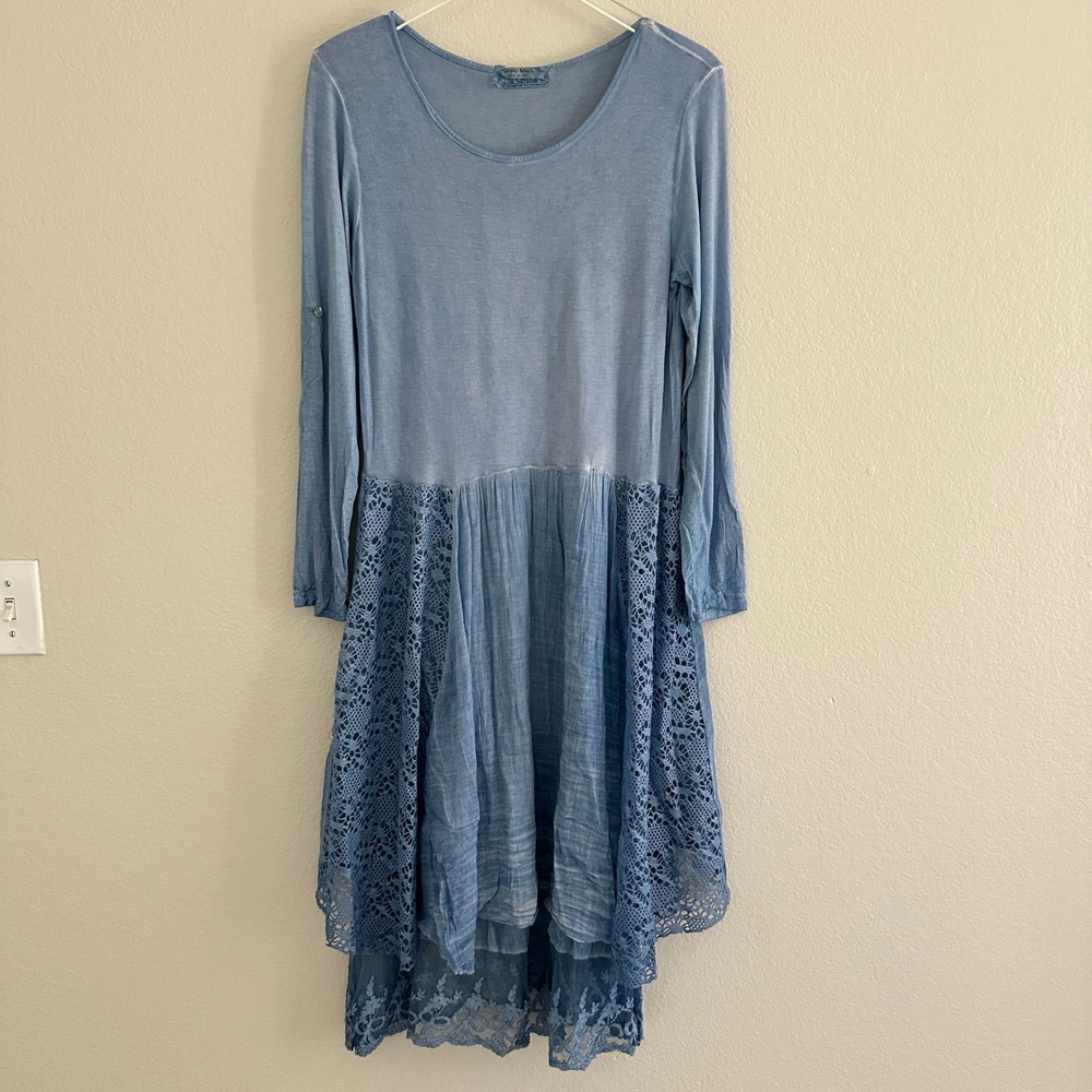 Meo Meli Dress Women S?  Blue Boho Lagenlook Lace High Low Made in Italy Long Sl